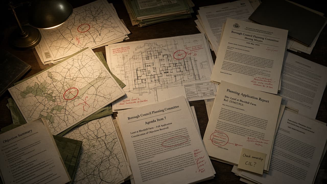 Planning documents, council minutes and annotated maps spread across an investigator's desk under a single lamp