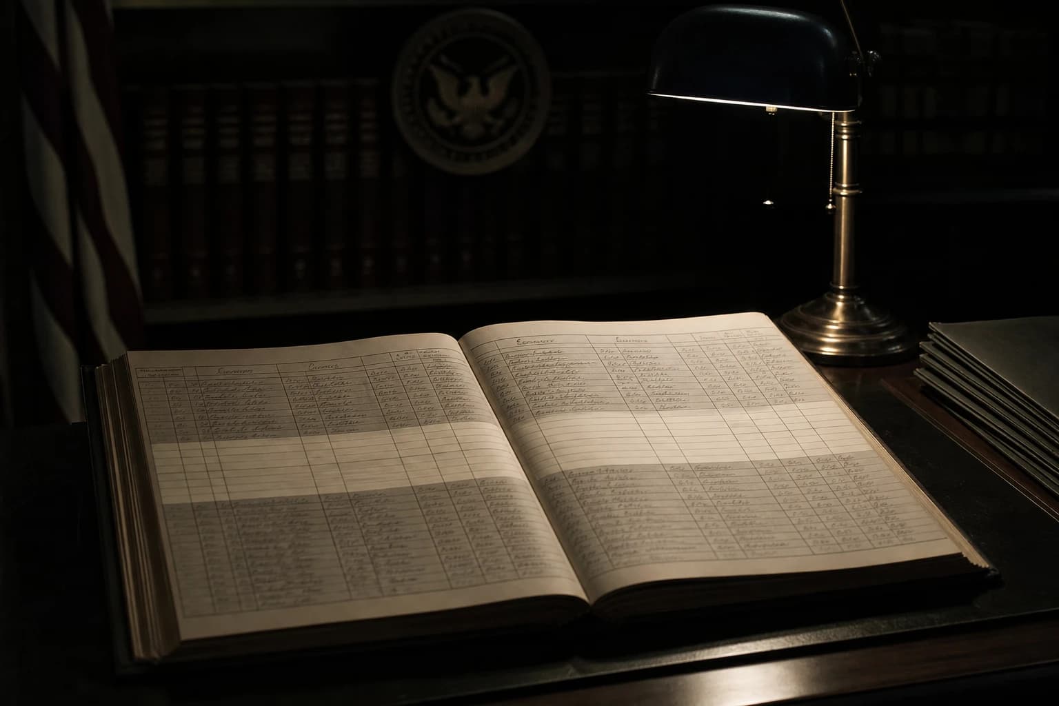 An official register open on a desk under a lamp, with three rows visibly empty
