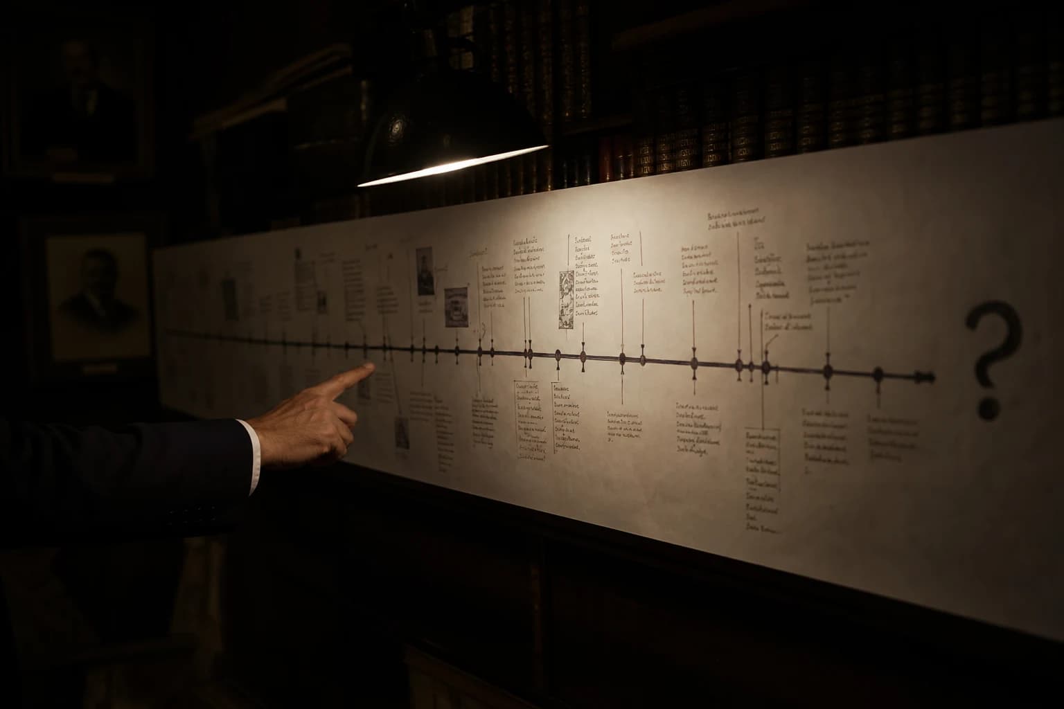 A long timeline on a wall being pointed at, ending in a question mark