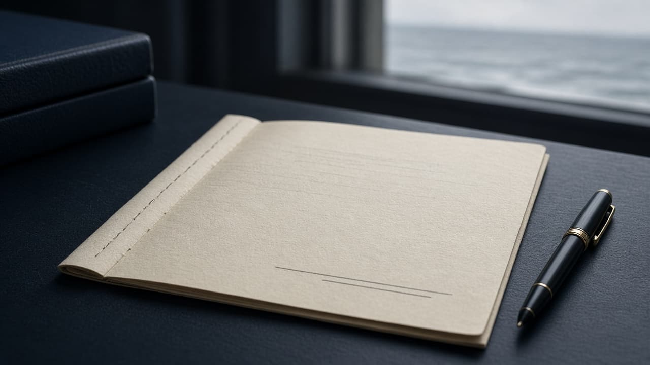 An open conveyance with a blank signature line, and the sea out of focus beyond the window